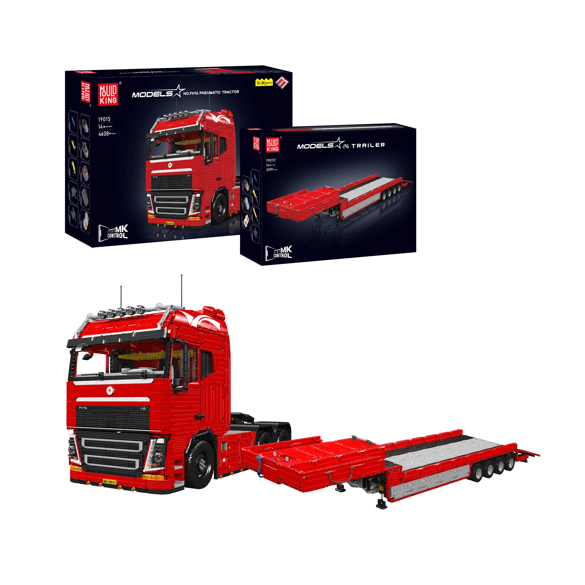 Mould King 19015+19015T FH16 Remote Controlled Pneumatic Tractor and Trailer Building Sets